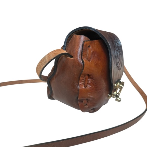 Vintage Tooled Genuine Leather Festival Saddle Bag Mini Purse Toggle Closure - Picture 3 of 15